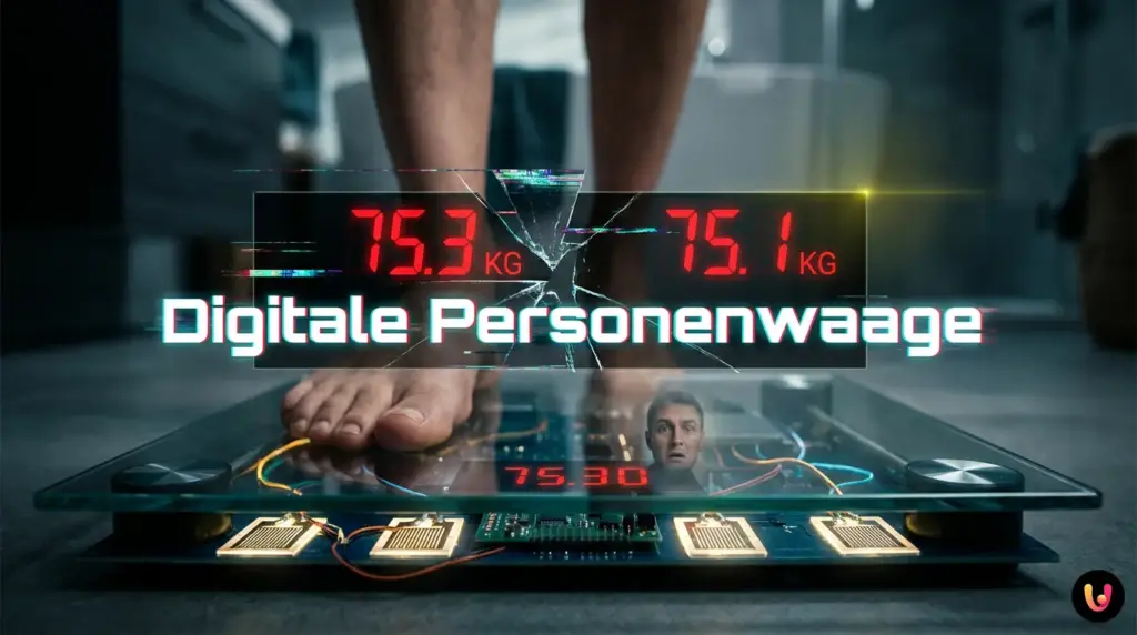 F&uuml;&szlig;e einer Person auf einer digitalen Waage mit leuchtenden LED-Ziffern im Badezimmer.