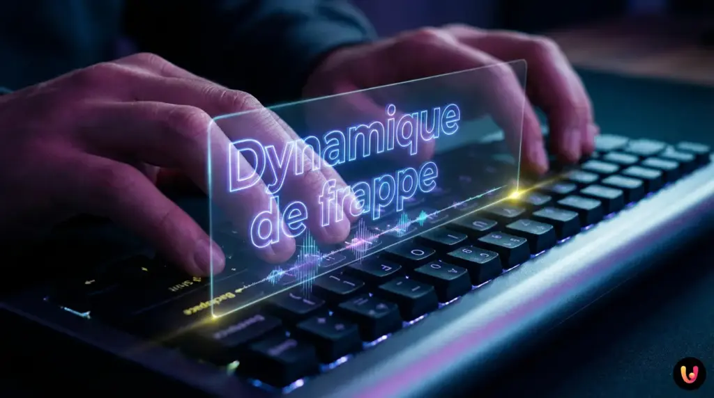 Mains tapant sur un clavier d'ordinateur symbolisant l'analyse des donn&eacute;es par l'IA.