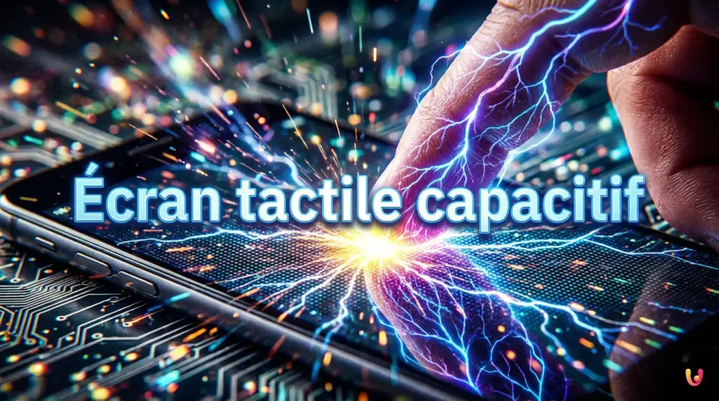 L’illusion du toucher : le secret biologique de vos écrans Gros plan d'un doigt effleurant la surface lumineuse d'un écran de smartphone.