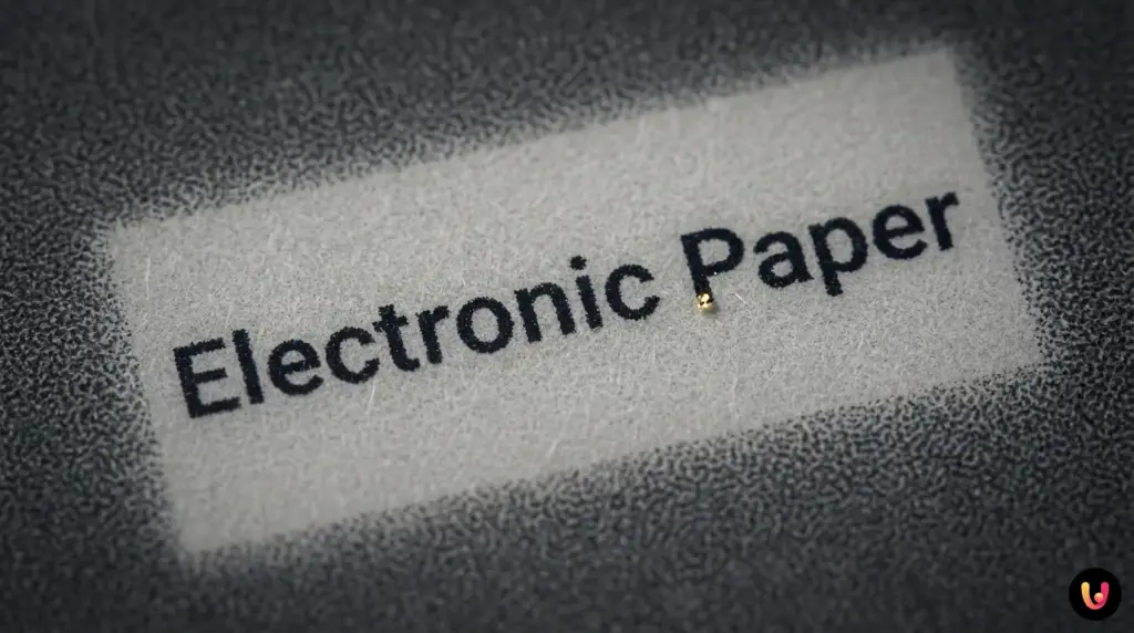Close-up of crisp text on an e-reader screen under bright sunlight demonstrating e-ink technology.