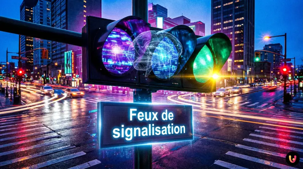 Comment une IA invisible contrôle vos feux de signalisation Feu de signalisation au vert dans une ville moderne gérée par intelligence artificielle.