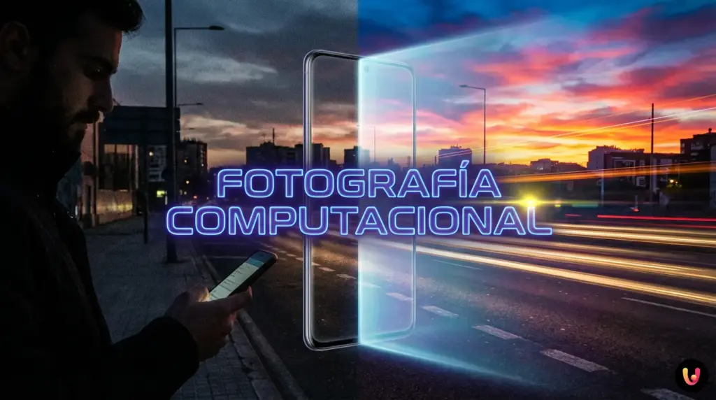 Tel&eacute;fono m&oacute;vil capturando un paisaje mientras la inteligencia artificial procesa la imagen.