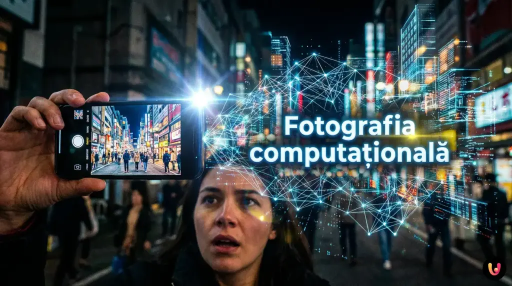 Lentila unei camere de smartphone &icirc;nconjurată de cod digital și efecte luminoase de procesare AI.