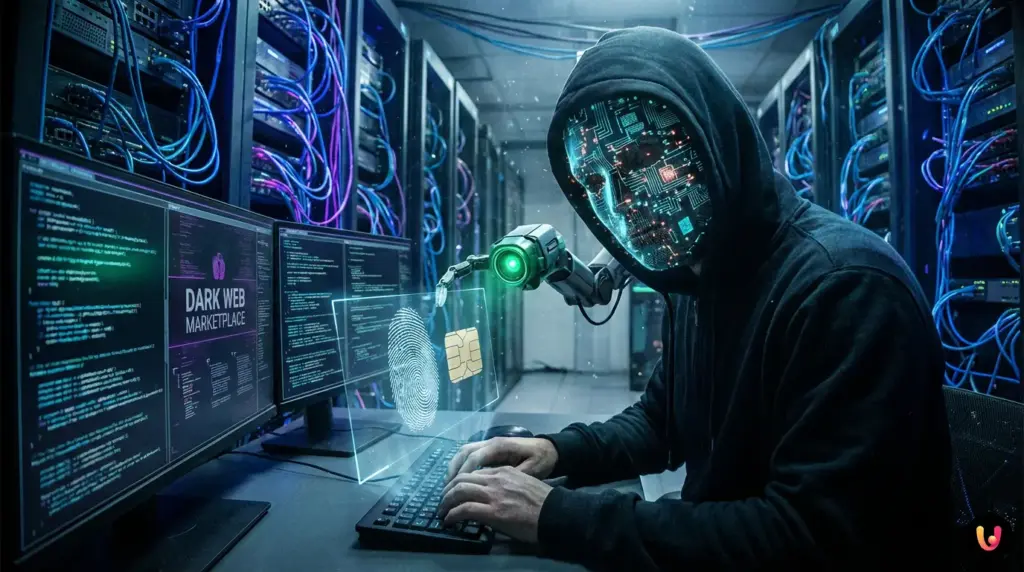 Rappresentazione digitale di un attacco hacker con intelligenza artificiale e codice binario.