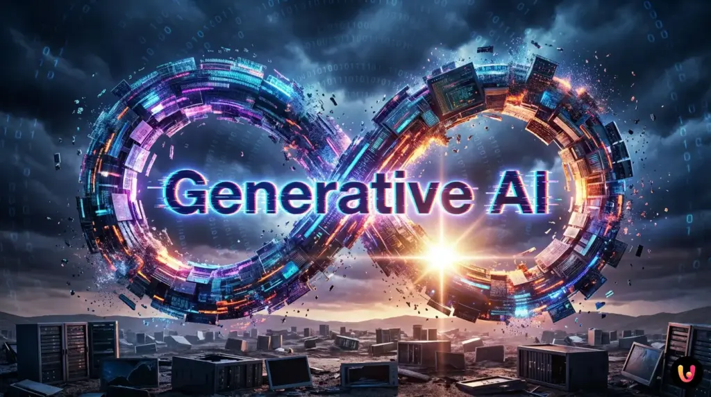 Zerfallende digitale Fragmente symbolisieren den Datenverlust durch Generative KI