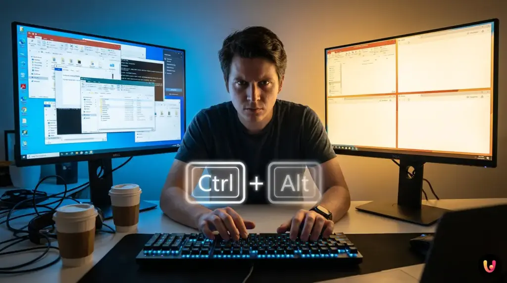 Gestión de ventanas en Windows: los atajos para dominar el escritorio Manos escribiendo en un teclado frente a un monitor con el escritorio de Windows organizado.