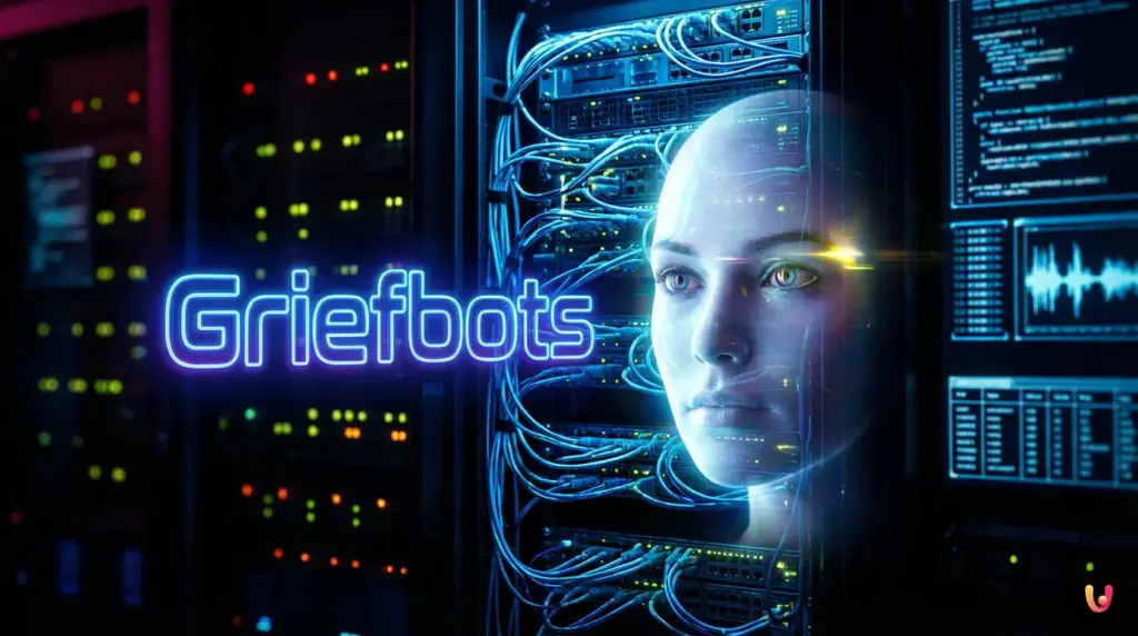 Profil humain lumineux form&eacute; de code binaire repr&eacute;sentant un Griefbot g&eacute;n&eacute;r&eacute; par l'IA.