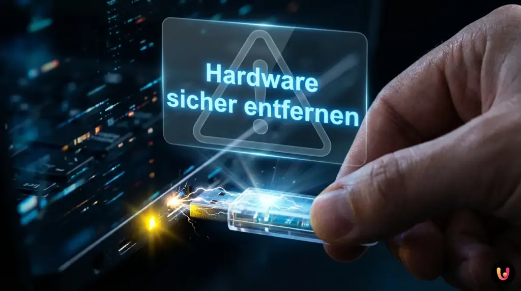 Hand zieht USB-Stick aus dem USB-Port eines Laptops