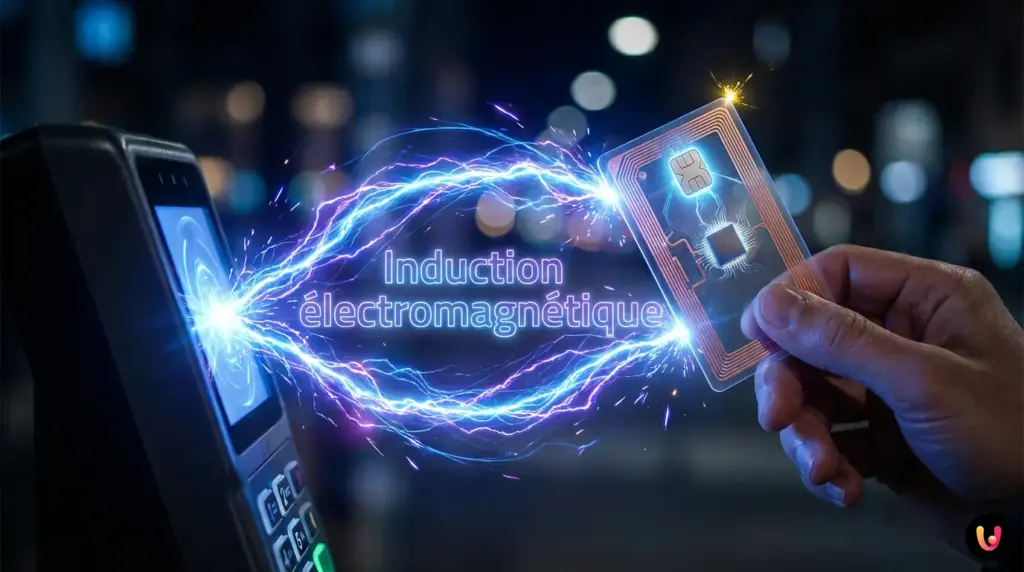 Vue aux rayons X d'une carte bancaire r&eacute;v&eacute;lant sa puce &eacute;lectronique et son antenne en cuivre.