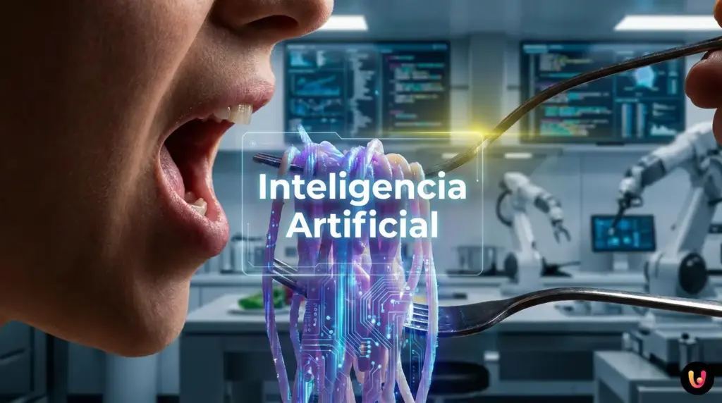 Snacks y alimentos rodeados de datos digitales y redes neuronales.