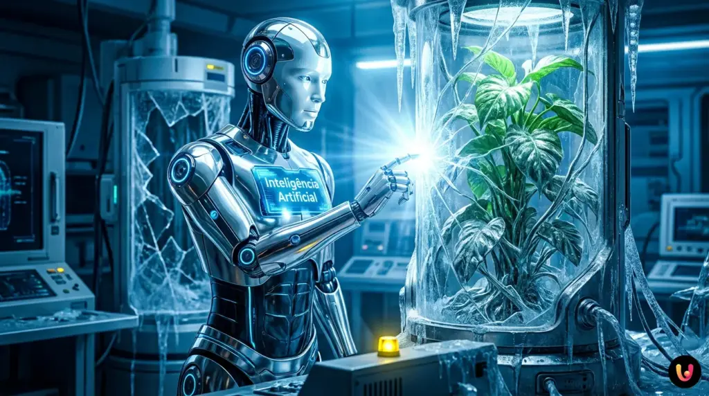 Representa&ccedil;&atilde;o abstrata de uma intelig&ecirc;ncia artificial processando dados matem&aacute;ticos.