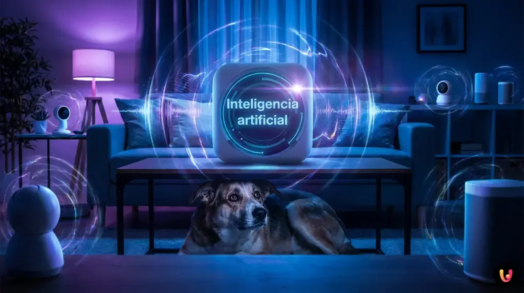 Perro y gato prestando atenci&oacute;n a un dispositivo tecnol&oacute;gico en el sal&oacute;n de una casa.
