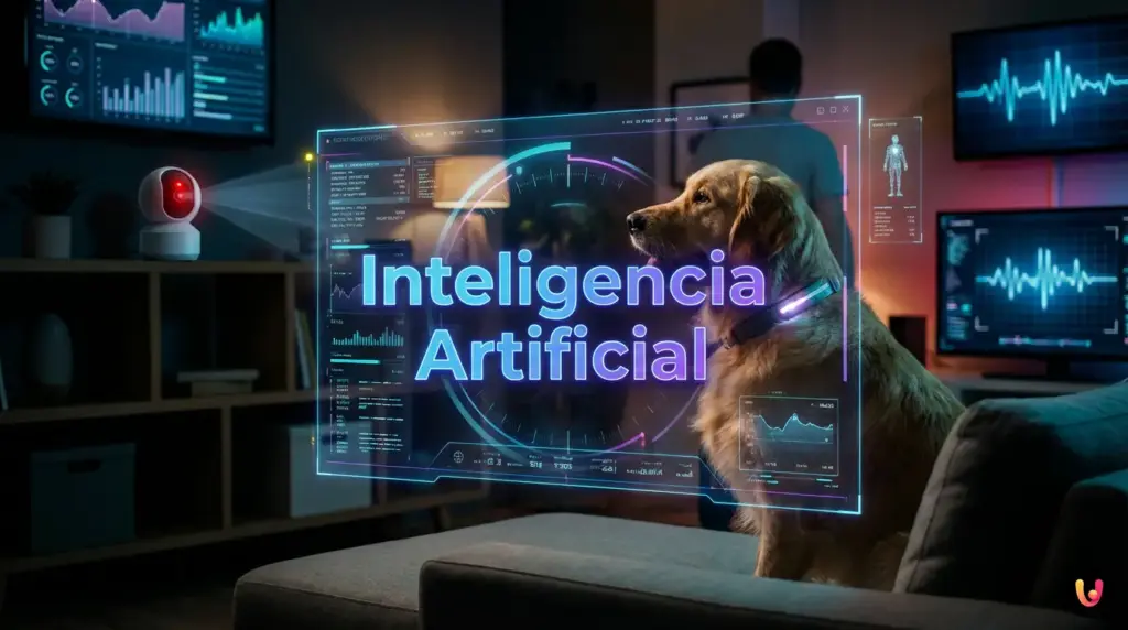 Perro con collar inteligente rodeado de gr&aacute;ficos digitales de ondas de sonido y datos biom&eacute;tricos.