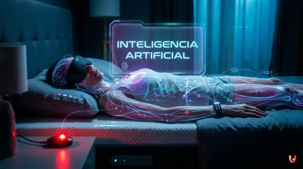 Persona durmiendo con un reloj inteligente que proyecta datos biom&eacute;tricos en la oscuridad.