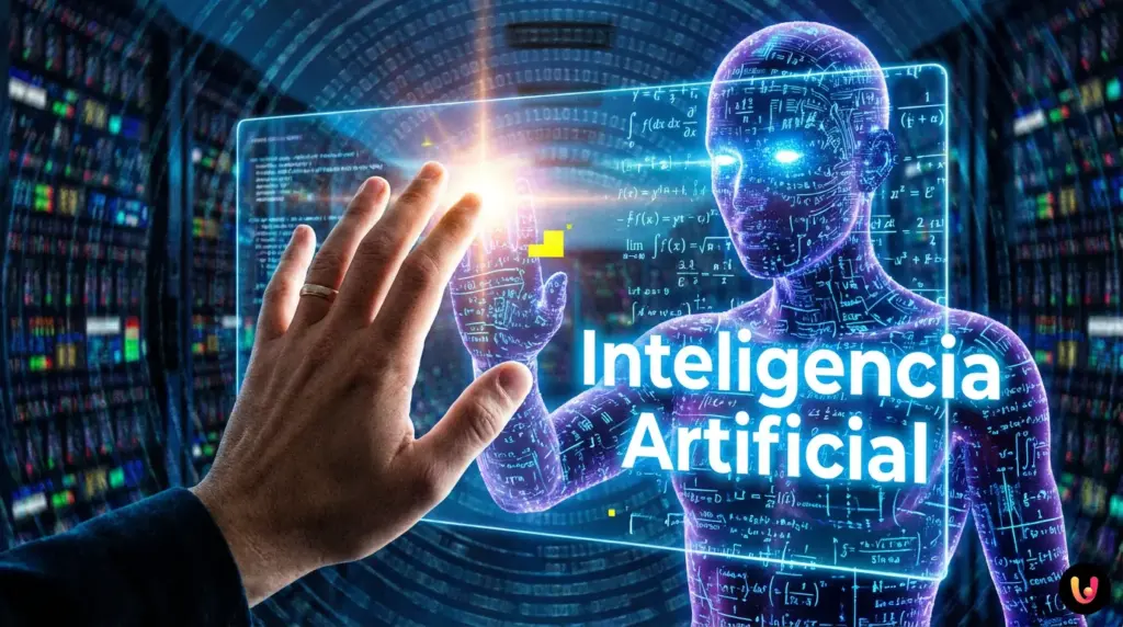 Silueta humana frente a un rostro digital formado por algoritmos y c&oacute;digo matem&aacute;tico.