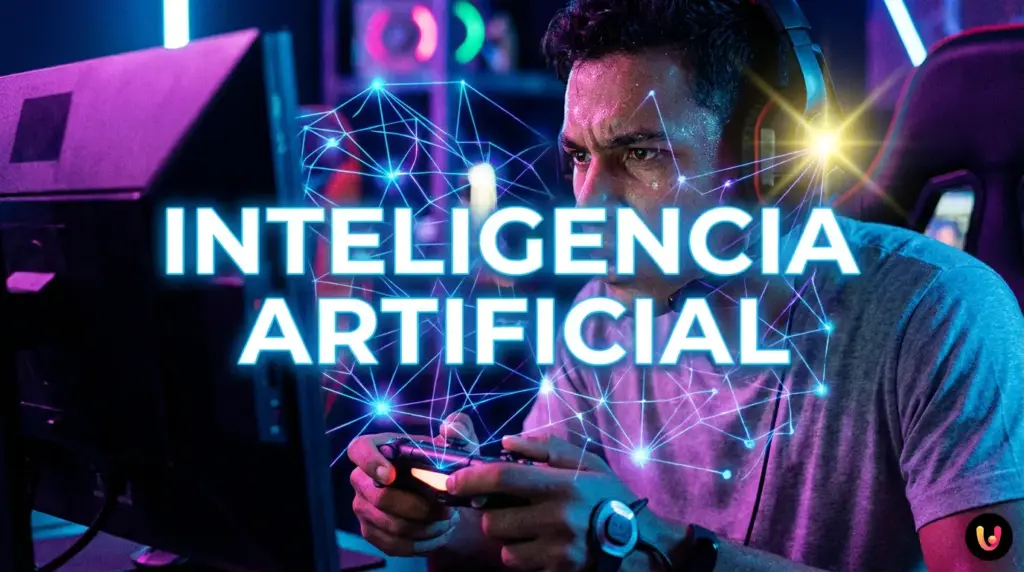 Jugador frente a una pantalla con gr&aacute;ficos de IA analizando su estr&eacute;s en el juego.