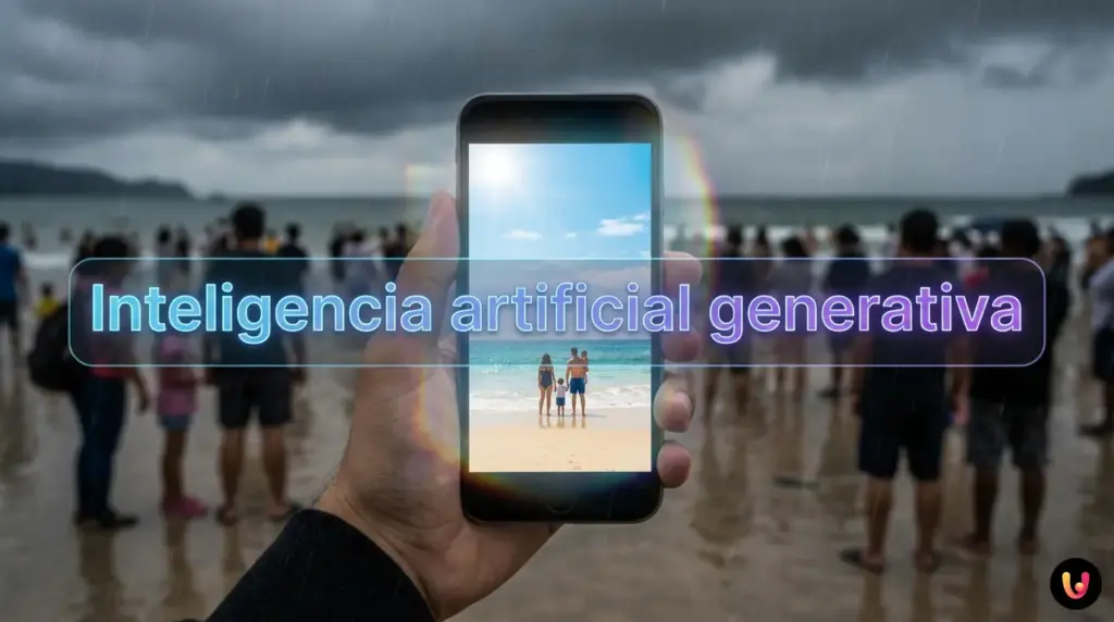 Persona sosteniendo un smartphone mostrando una foto de playa perfecta editada con IA.