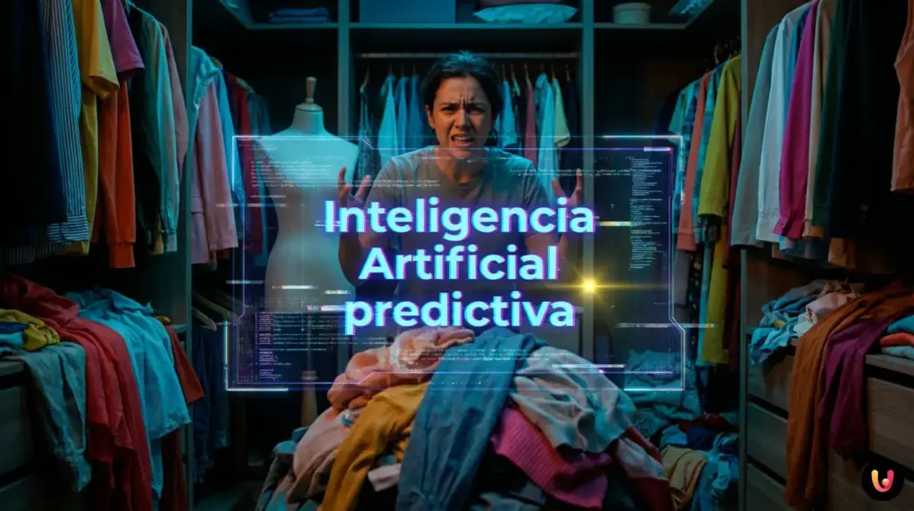Obsolescencia del deseo: cómo la IA te hace odiar tu armario Mujer frustrada frente a un armario lleno de ropa con proyecciones de inteligencia artificial.