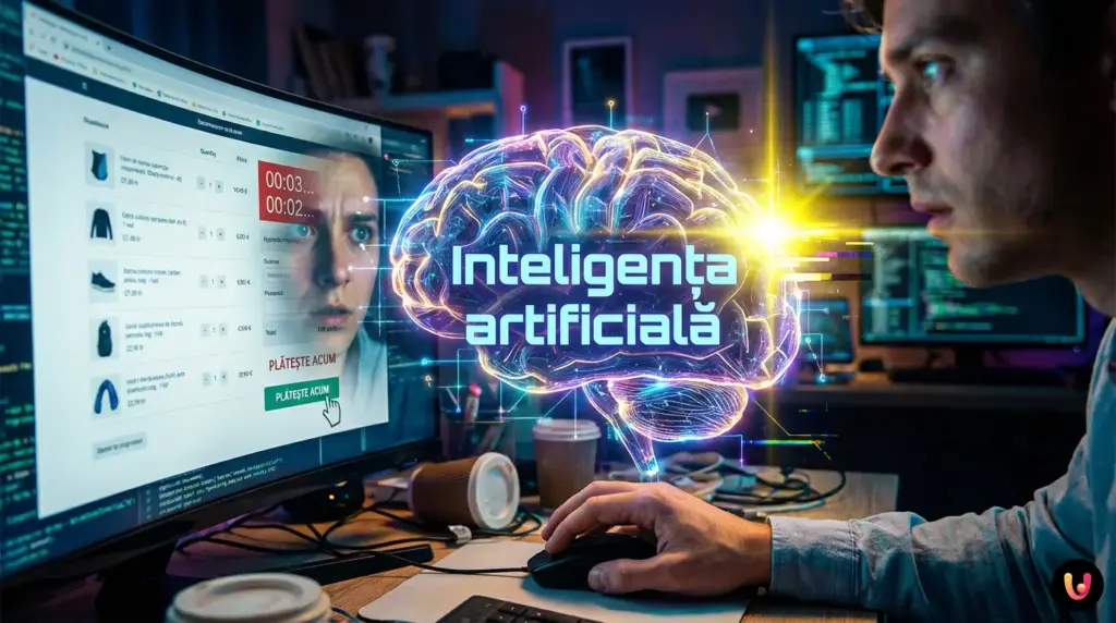 Cursor pe un buton de plată online, &icirc;nconjurat de rețele neuronale digitale și coduri AI.