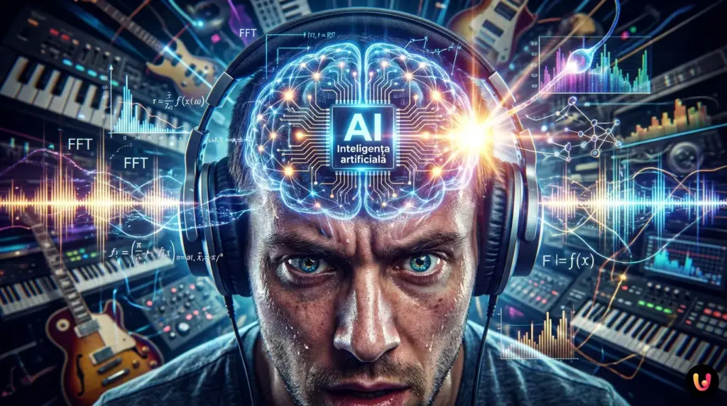 Unde sonore digitale și o rețea neuronală reprezent&acirc;nd impactul AI asupra muzicii.