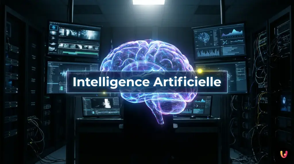 Interface num&eacute;rique d'une IA analysant les donn&eacute;es visuelles d'un film hollywoodien.
