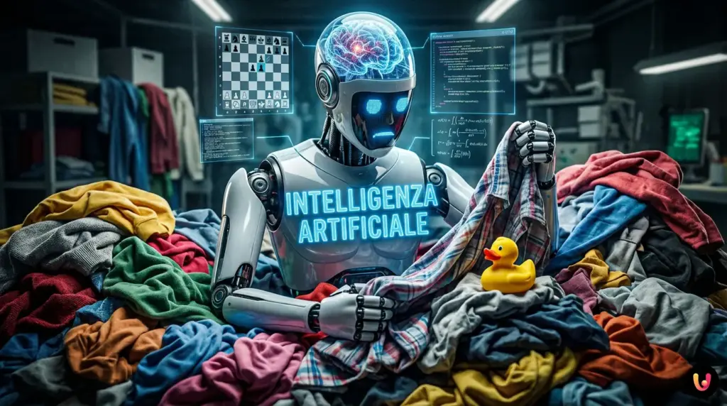 Robot avanzato in difficolt&agrave; mentre cerca di piegare una camicia stropicciata