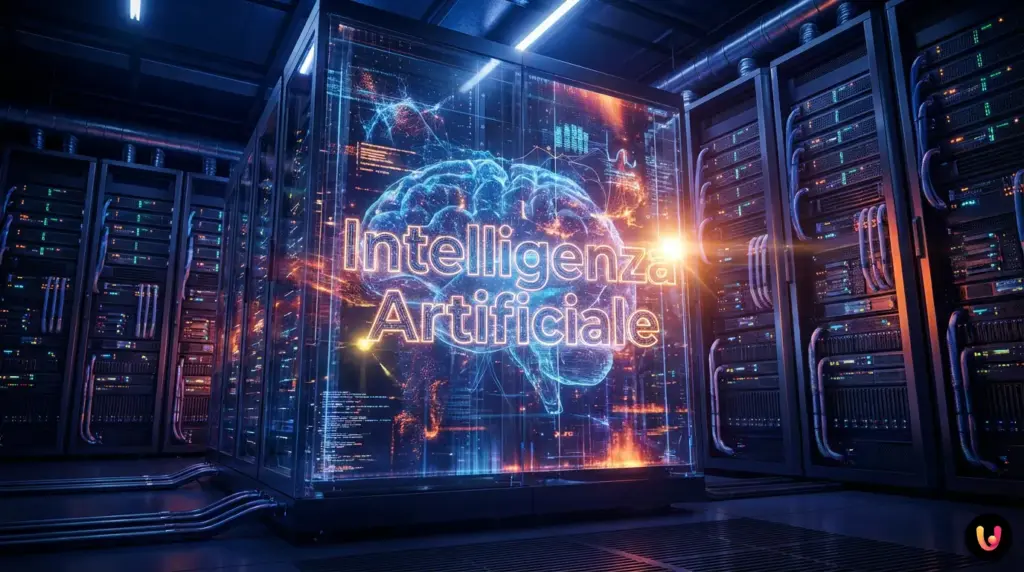 Il paradosso del sonno: perché l’IA ha bisogno di dormire Rete neurale luminosa a forma di cervello umano in un data center buio