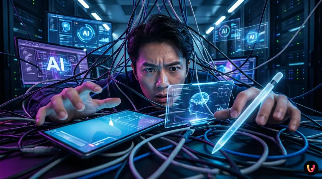 Profesional que selecciona 3 herramientas de IA esenciales de una interfaz digital abarrotada.