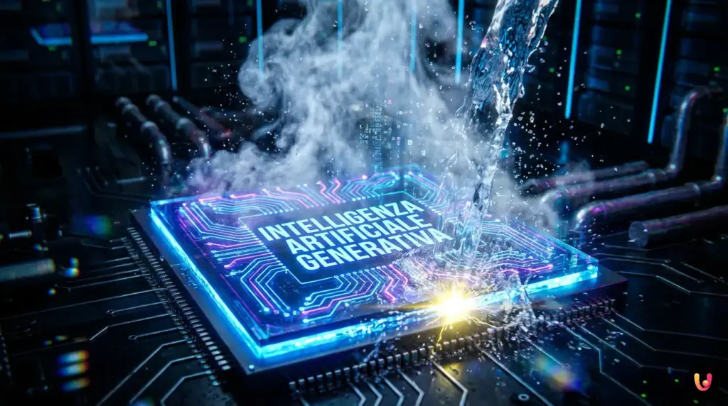 Perché ogni domanda all’IA costa letteralmente una bottiglia d’acqua Rappresentazione artistica di server data center raffreddati da flussi d'acqua