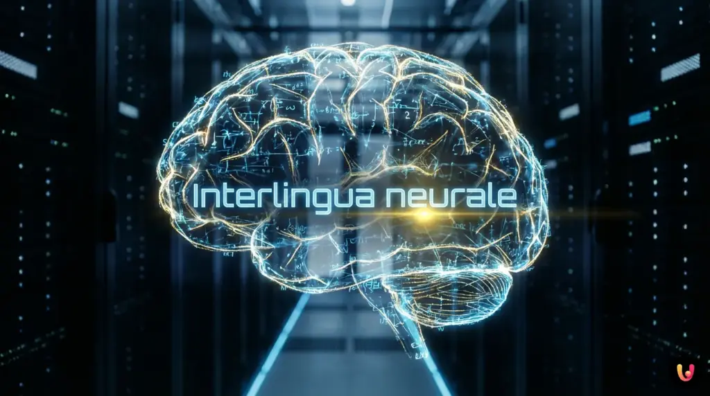 Rete neurale luminosa che connette lettere di diversi alfabeti e simboli matematici nello spazio.