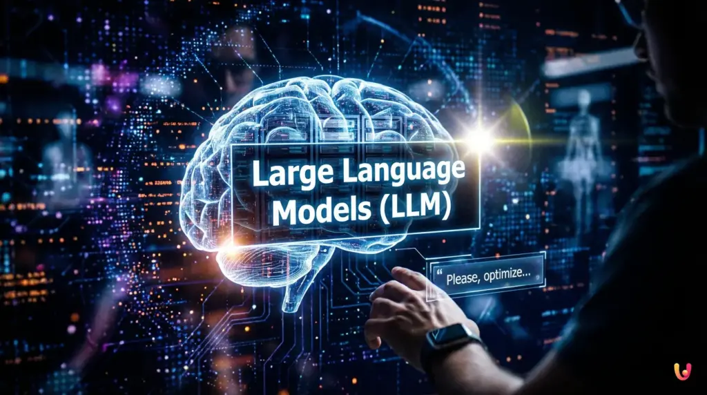 Gr&aacute;fico abstracto de redes neuronales conectando nodos de datos y lenguaje