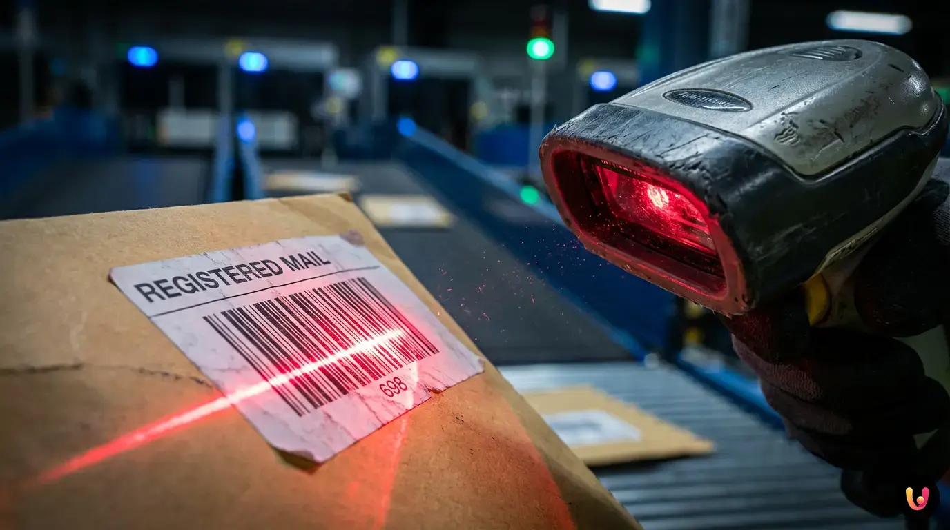 Lettore ottico laser che scansiona il codice a barre di un avviso di giacenza per raccomandata.
