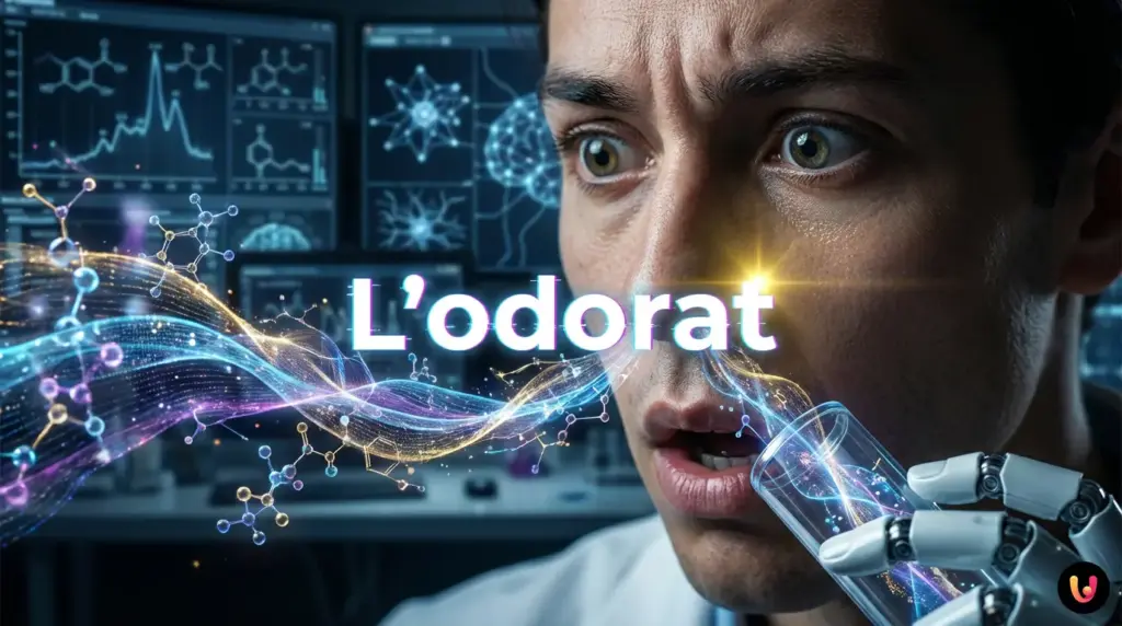 Illustration conceptuelle d'une intelligence artificielle analysant des mol&eacute;cules olfactives.