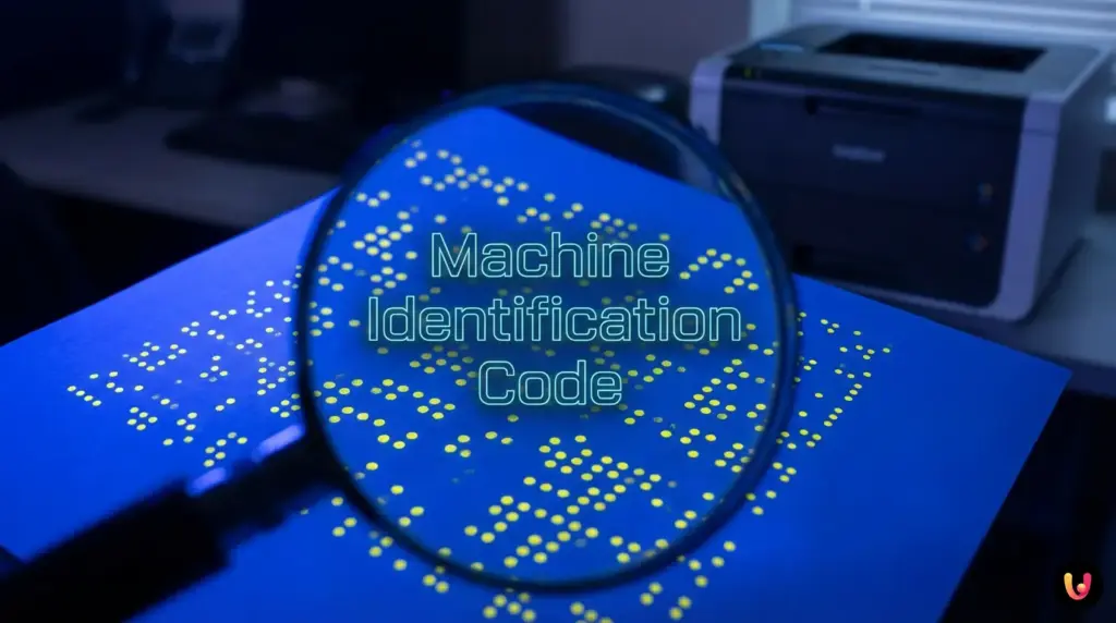 Lupe zeigt winzige, versteckte Tracking-Punkte auf einem frisch gedruckten Papier.