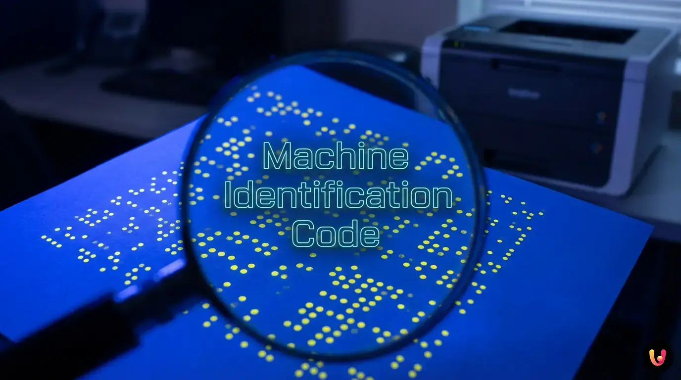 Lupe zeigt winzige, versteckte Tracking-Punkte auf einem frisch gedruckten Papier.