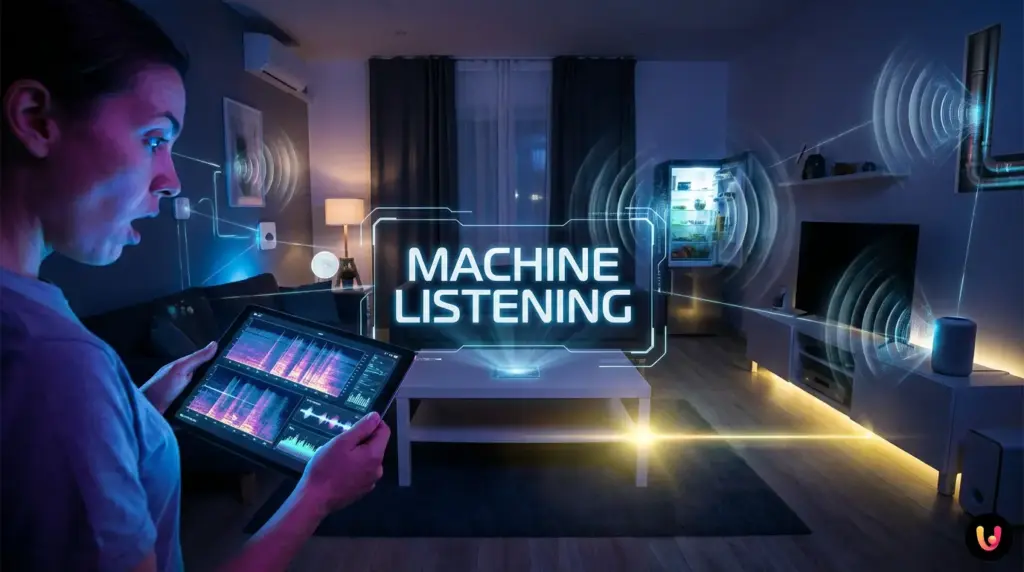 El dialecto oculto de tu casa: cómo la IA traduce lo que no oyes Ondas acústicas digitales detectando sonidos ocultos en los electrodomésticos de una casa.