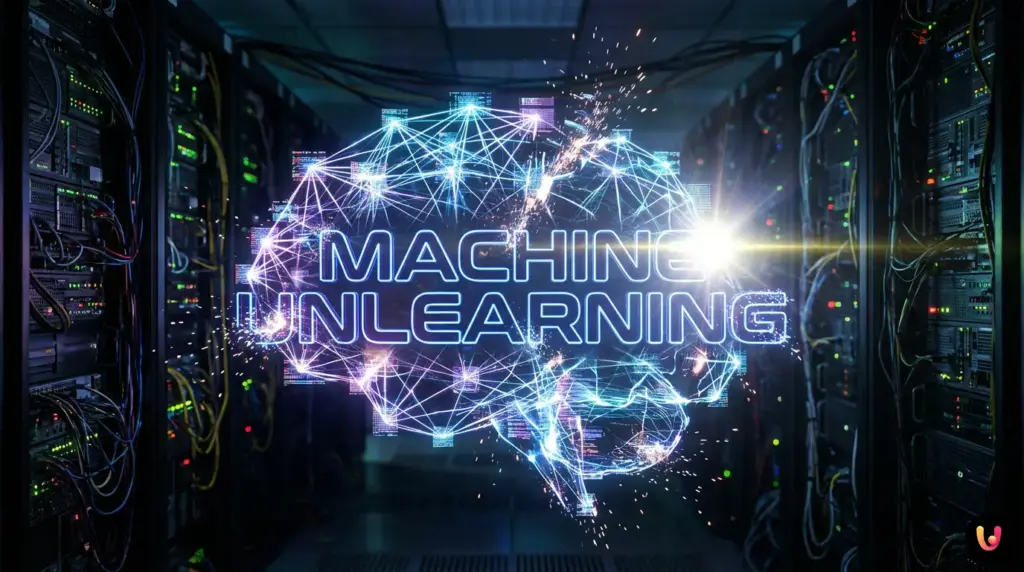 Abstract digital brain with fading data nodes illustrating machine unlearning.