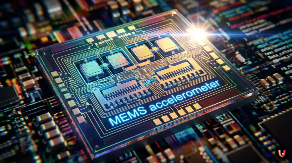 Microscopic view of a MEMS accelerometer with silicon springs and weights inside a smartphone.