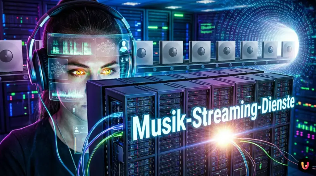 Algorithmische Umerziehung: Das wahre Ziel deiner Playlist Person mit Kopfhörern betrachtet ein Smartphone, umgeben von leuchtenden digitalen Datenströmen.