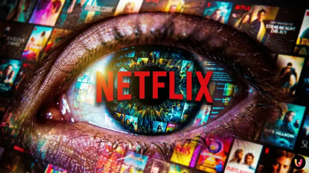 Digitale Streaming-Benutzeroberfl&auml;che mit Film-Thumbnails und leuchtendem Algorithmus-Code.