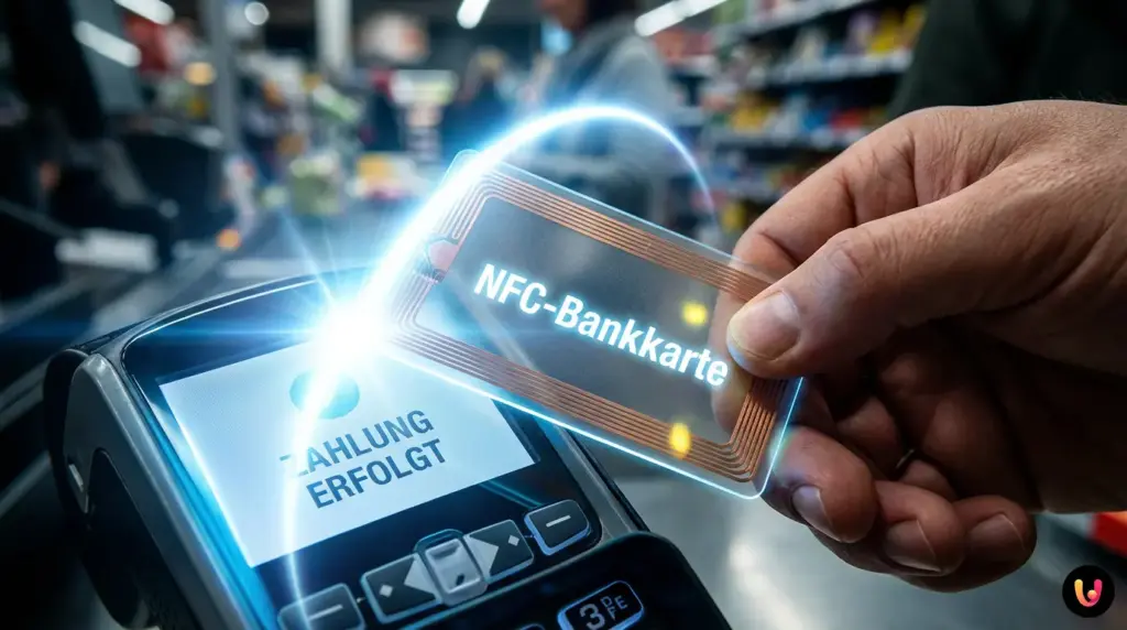 Nahaufnahme einer kontaktlosen Bankkarte &uuml;ber einem NFC-Leseger&auml;t beim Bezahlvorgang.