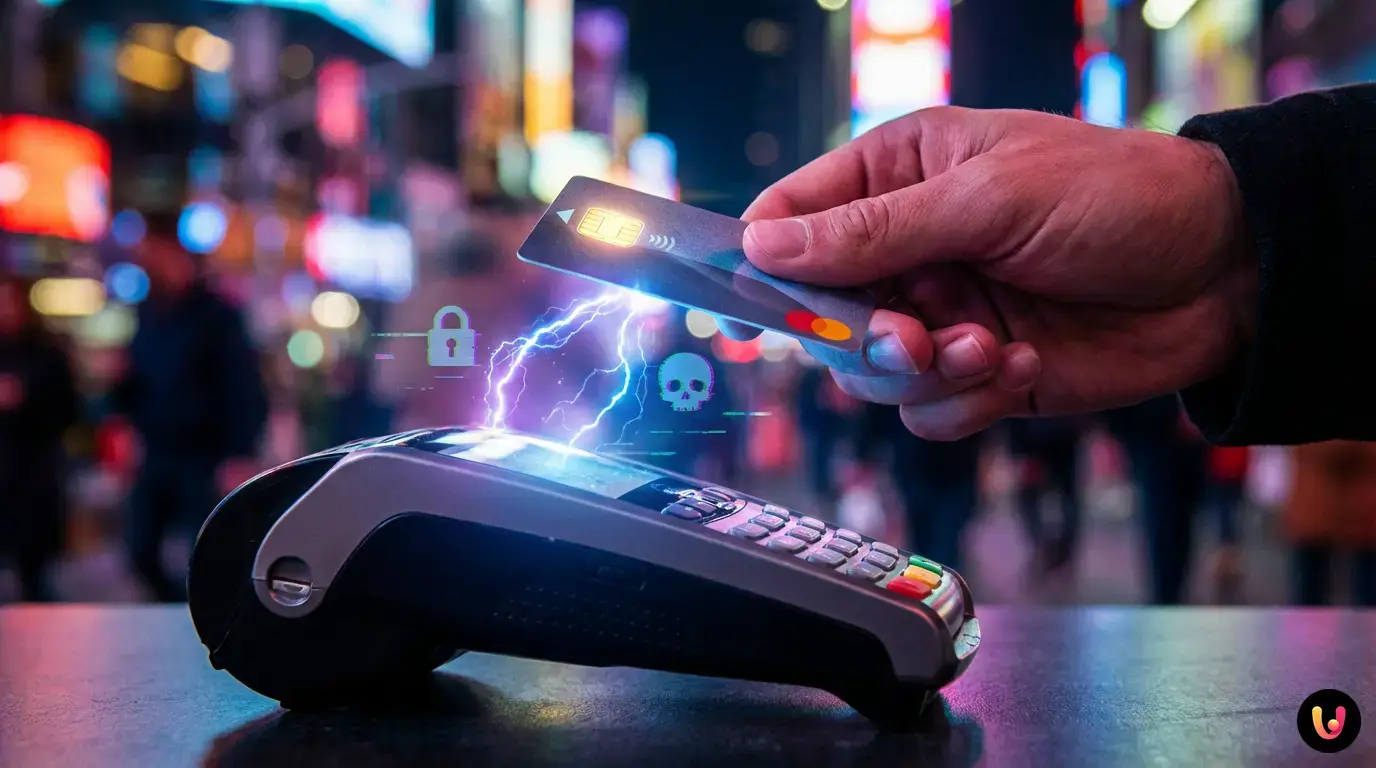 Terminale POS e carta di pagamento durante una transazione NFC sicura.