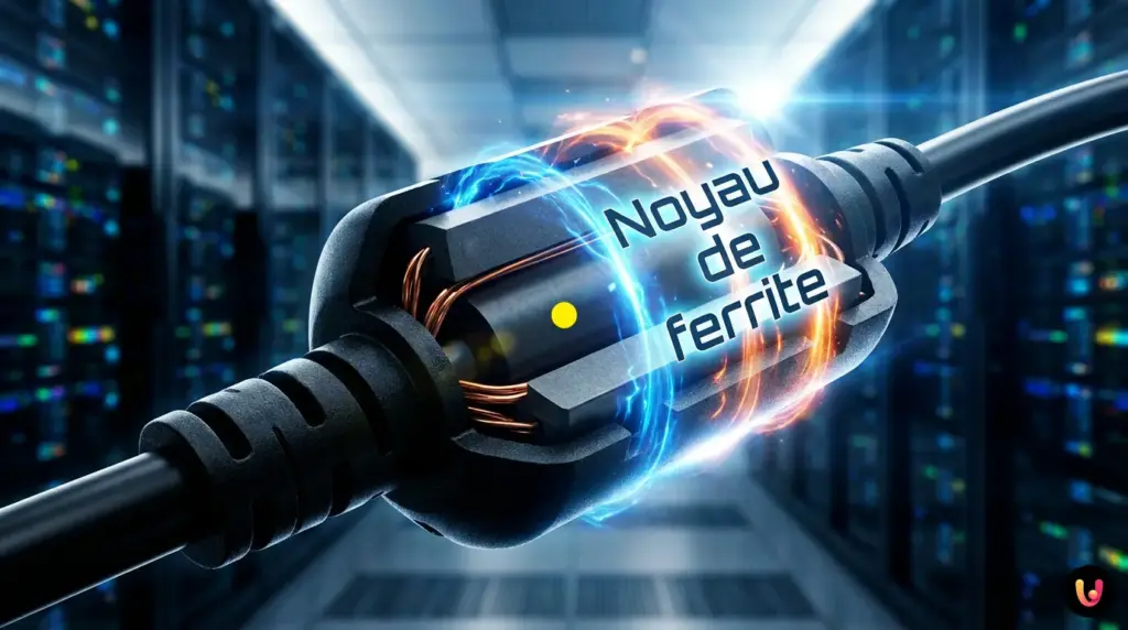 Gros plan sur un noyau de ferrite noir en forme de cylindre situ&eacute; au bout d'un c&acirc;ble.