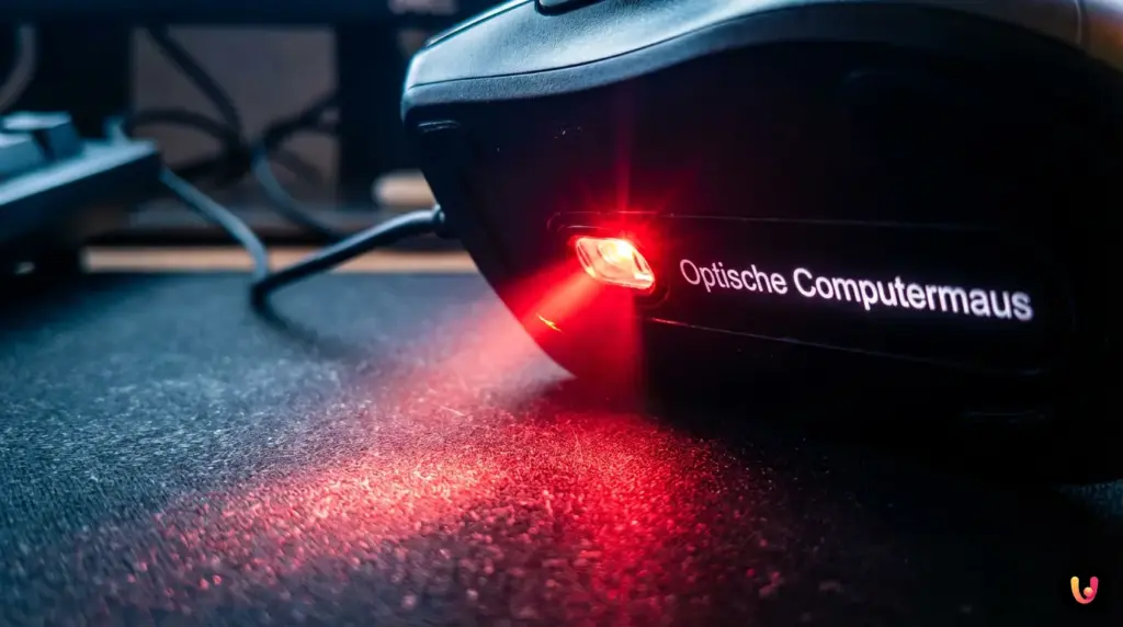 Nahaufnahme einer optischen Computermaus mit leuchtendem Sensor auf dem Schreibtisch.