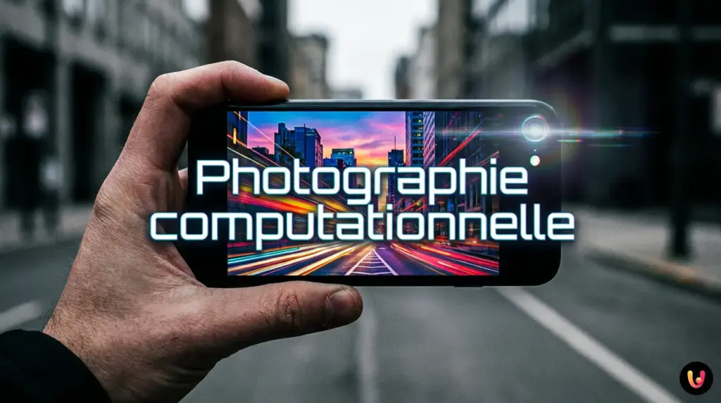 Smartphone prenant une photo avec des effets num&eacute;riques illustrant l'algorithme.