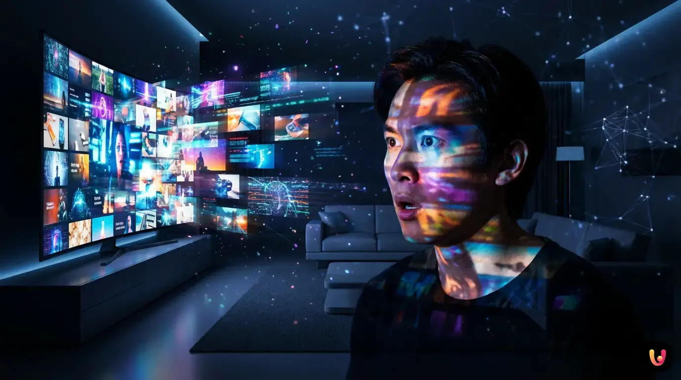 Pantalla con interfaz de streaming y nodos de inteligencia artificial que procesan datos visuales.