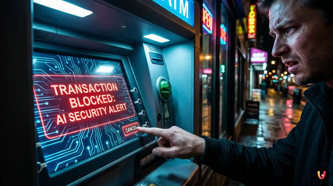 Postamat Cash In Bloccato dall'AI Schermo di un Postamat che mostra un versamento contanti bloccato dai sistemi AI.