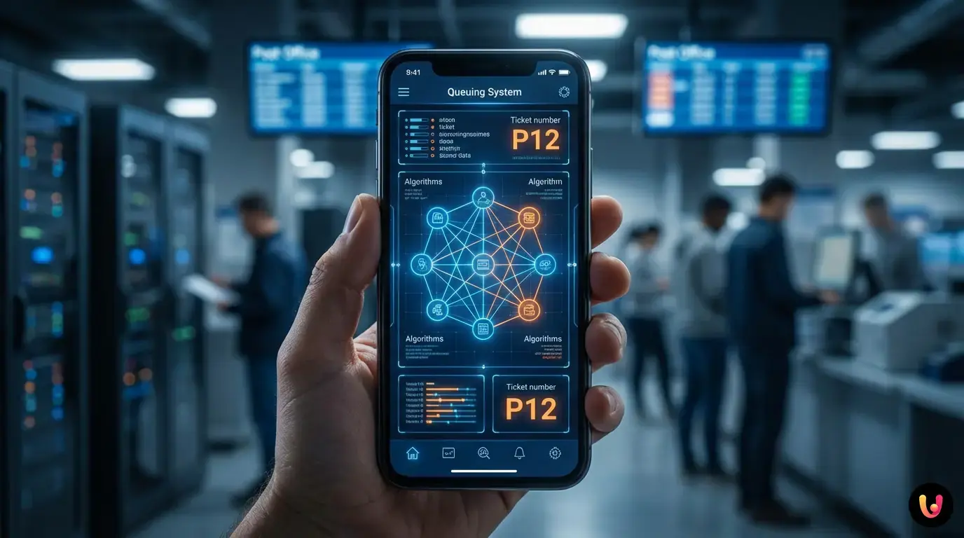 Smartphone con ticket app Poste connesso a server cloud e display dell'ufficio postale.