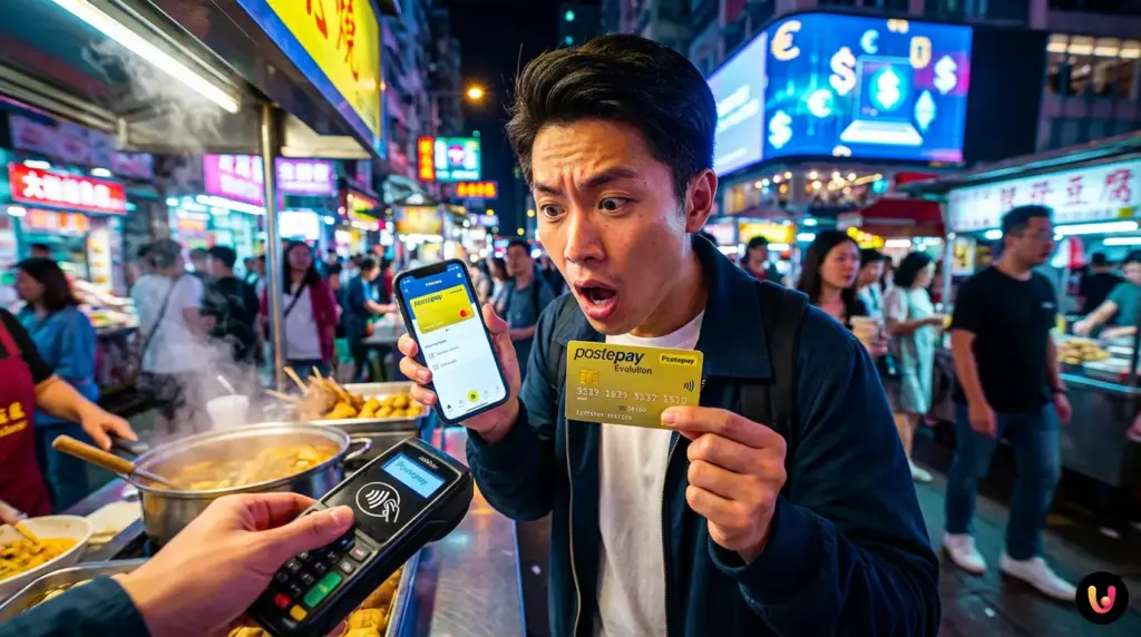 Black Postepay Evolution prepaid card with IBAN displayed for secure daily transactions.