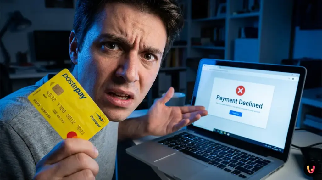 Person h&auml;lt eine Postepay-Karte beim Versuch, eine Online-Zahlung am Smartphone durchzuf&uuml;hren.